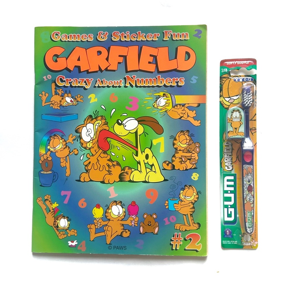 Vintage 1998 Garfield Cat Jim Davis Numbers Colouring Book Stickers Toothbrush